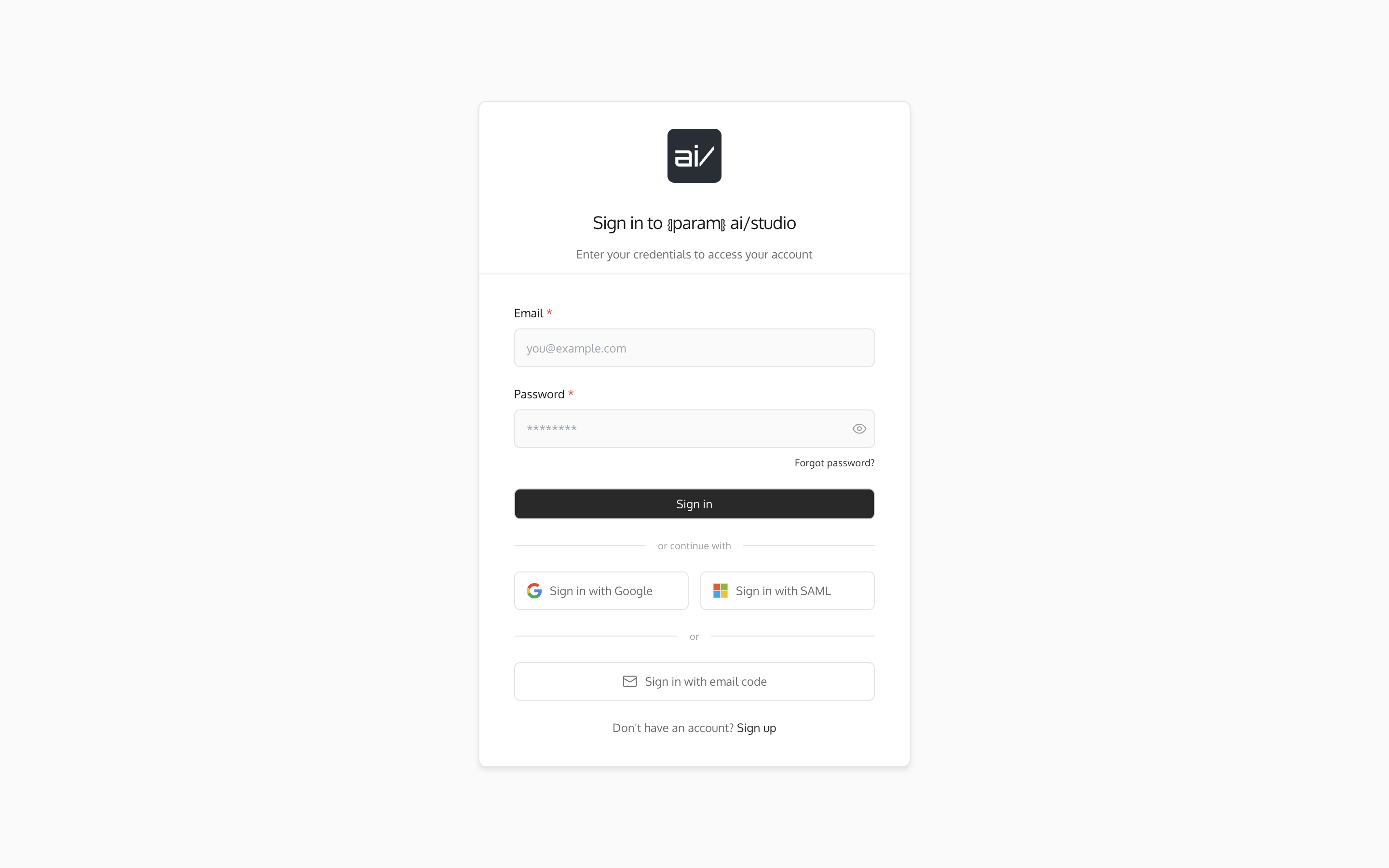 The sign-in screen. Which methods appear depends on how your workspace is configured.